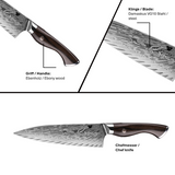 WOLFCUT - Damaskus Ōkami Chefmesser mit Ebenholzgriff 21 cm Klinge 73-lagiger Damaszenerstahl mit Geschenkbox