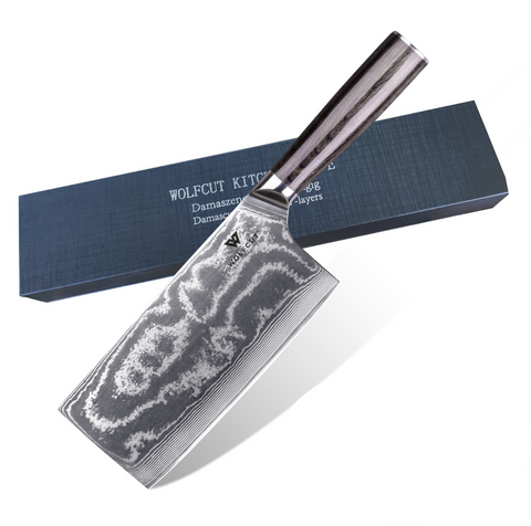 WOLFCUT - Damaskus Hackmesser mit schwarzem Pakkaholzgriff 17,8 cm Klinge 67-lagiger Damaszenerstahl mit Geschenkbox