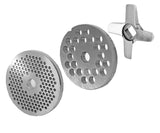 WOLFCUT - Fleischwolfscheibensatz 3 mm + 8 mm Bohrung und ein Kreuzmesser kompatibel mit allen gängigen Fleischwolf Marken Größe 10/12