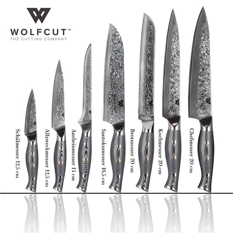 WOLFCUT - Damascus Messer-Set 7-tlg. 67-lagiger Damaszenerstahl + Wetzstahl Rund 30 cm