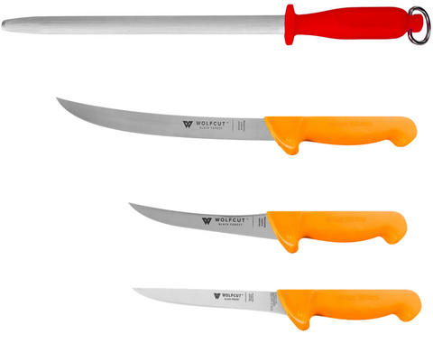 WOLFCUT Gold Serie - Metzgermesser-Set 4-tlg. - Ausbeinmesser Klinge 13 cm, Ausbeinmesser gebogene 15 cm, Zerlegemesser, Wetzstahl oval