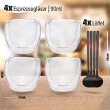 Doppelwandige Espresso Gläser 80 ml 4er-Set mit Espressolöffel