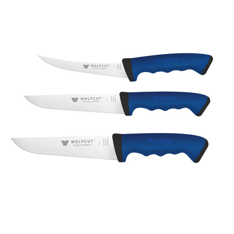 WOLFCUT SoftGrip BLUE-Serie - Metzgermesser-Set 3-tlg. - Ausbeinmesser, Stechmesser, Fleischermesser
