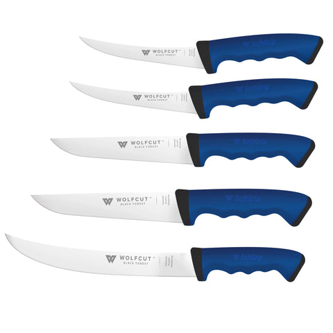 WOLFCUT SoftGrip BLUE-Serie - Metzgermesser-Set 5-tlg-Serie Ausbeinmesser, Stechmesser, Fleischermesser, Zerlegemesser