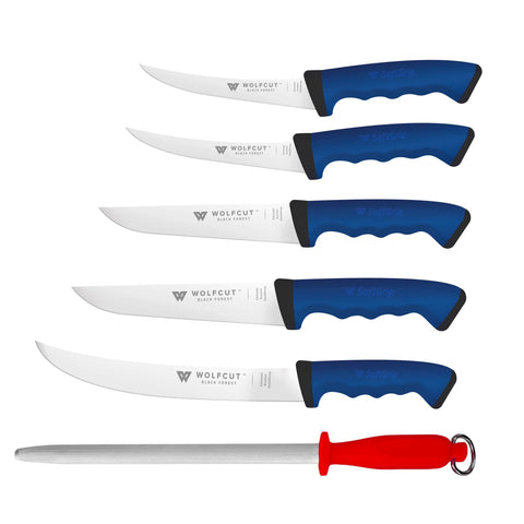 WOLFCUT SoftGrip BLUE-Serie - Metzgermesser-Set 6-tlg. - Ausbeinmesser, Stechmesser, Fleischermesser, Zerlegemesser, Wetzstahl