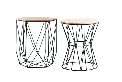 Beistelltische 2er-Set – Rund & Sechseckig mit Holzplatte und schwarzem Eisengestell