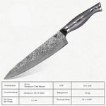 WOLFCUT - Damaskus Chefmesser 20 cm Klinge 67-lagiger Damaszenerstahl mit Geschenkbox