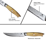 WOLFCUT - Damaskus Steakmesser-Set 4-tlg. 73-lagiger Damaszenerstahl mit Olivenholzgriff und Holzständer