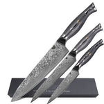 WOLFCUT - Damascus Messer-Set 3-tlg. 67-lagiger Damaszenerstahl - Chefmesser, Kochmesser, Allzweckmesser + Wetzstahl Rund 30 cm