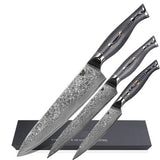 WOLFCUT - Damascus Messer-Set 3-tlg. 67-lagiger Damaszenerstahl - Chefmesser, Kochmesser, Allzweckmesser + Wetzstahl Rund 30 cm