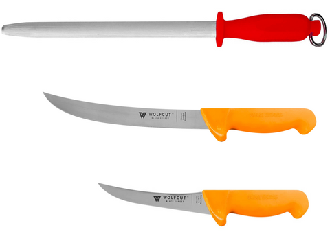 WOLFCUT Gold Serie - Metzgermesser-Set 3-tlg. - Ausbeinmesser 15 cm gebogene flex Klinge, Zerlegemesser, Wetzstahl oval