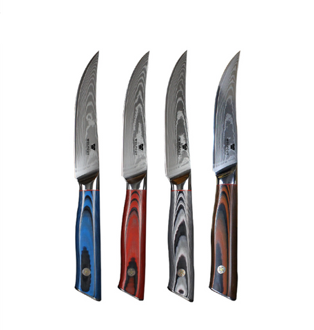 WOLFCUT - Damaskus Steakmesser-Set 4-tlg. 67-lagiger Damaszenerstahl mit Geschenkbox