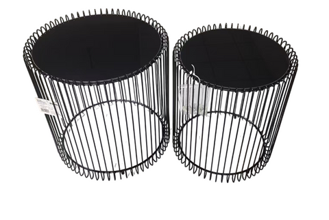 Design-Beistelltische 2er-Set in schwarz aus Eisen mit schwarzer Glasplatte – Ø45x46 cm & Ø38x44 cm