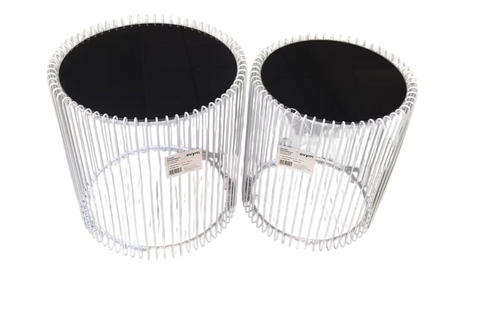 Design-Beistelltische 2er-Set in weis aus Eisen mit schwarzer Glasplatte – Ø45x46 cm & Ø38x44 cm