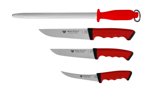 WOLFCUT SoftGrip Serie - Metzgermesser-Set 4-tlg. - Ausbeinmesser 15 cm, Stechmesser 17 cm, Fleischermesser 19 cm, Wetzstahl oval