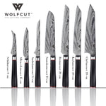 WOLFCUT - Damaskus Messer-Set 7-tlg. 73-lagiger japanischer Damaszenerstahl + Wetzstahl + Messerblock