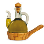 Handgefertigtes Ölkännchen mit Untersetzer aus Olivenholz