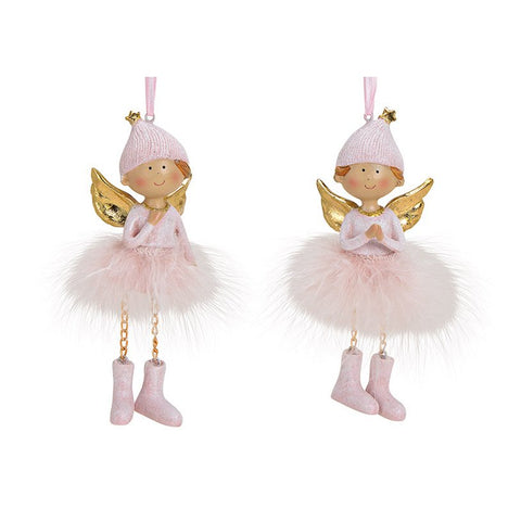 Dekohänger Engel aus Polyresin, Feder, Metall Pink, Gold 2er Set
