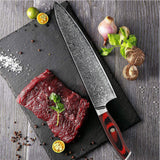 WOLFCUT - Damaskus Chefmesser mit rotem Griff 25 cm Klinge 67-lagiger Damaszenerstahl mit Geschenkbox