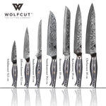 WOLFCUT - Damascus Messer-Set 7-tlg. 67-lagiger Damaszenerstahl + Wetzstahl Rund 30 cm