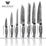 WOLFCUT - Damascus Messer-Set 7-tlg. 67-lagiger Damaszenerstahl + Wetzstahl Rund 30 cm