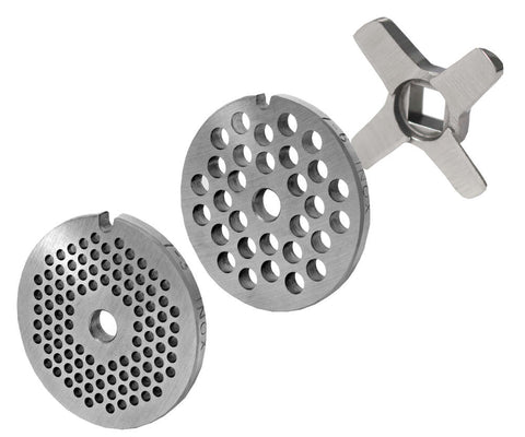 WOLFCUT - Fleischwolfscheibensatz 3 mm + 6 mm Bohrung und ein Kreuzmesser kompatibel mit allen gängigen Fleischwolf Marken Größe 7