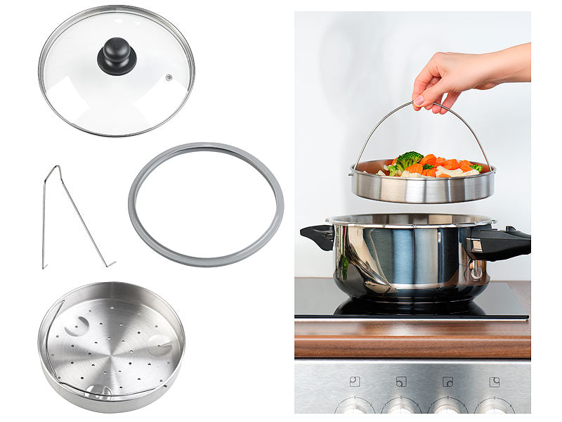 Dampfgareinsatz-Set für Schnellkochtöpfe 4-teilig aus Edelstahl – Homeflixx
